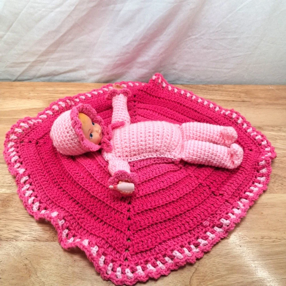 Vintage Crocheted Baby Doll In Blanket Pink and White Rubber Face Hands Granny